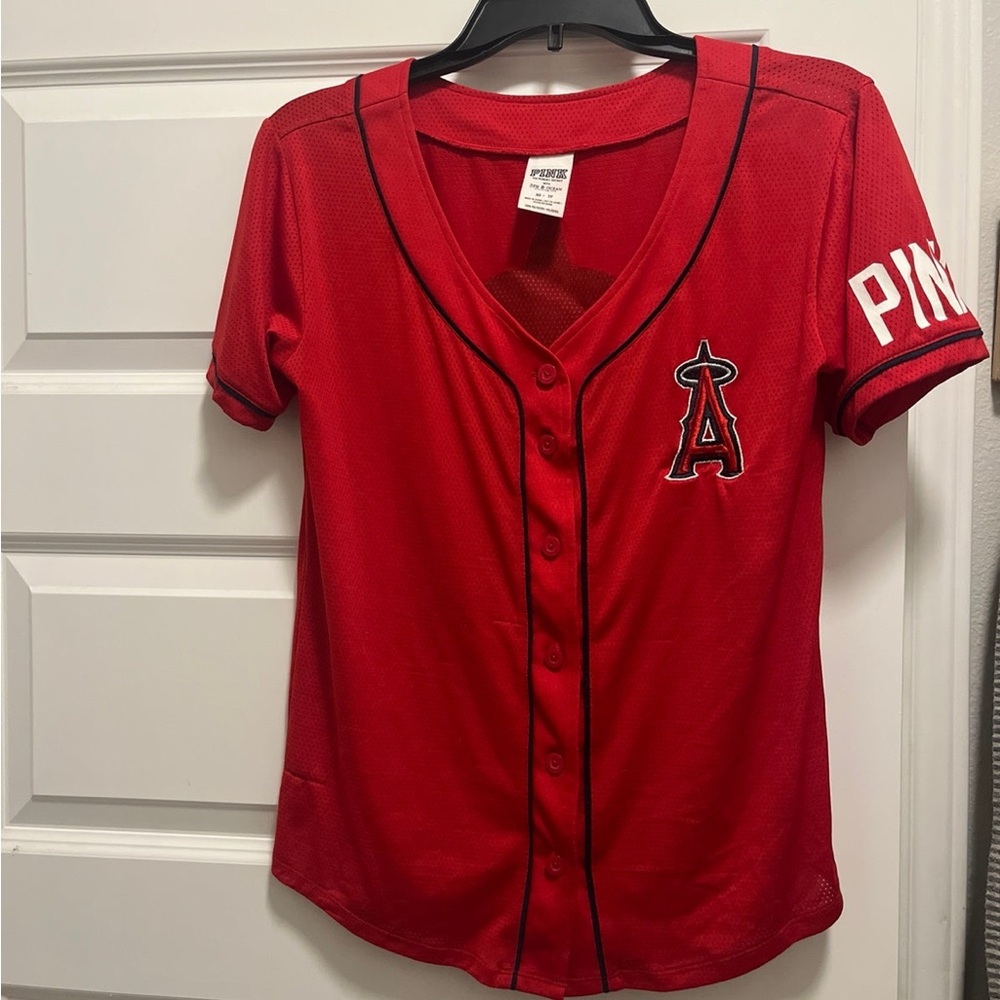 PINK Victoria's Secret Red Angels Baseball Jersey with Black Trim